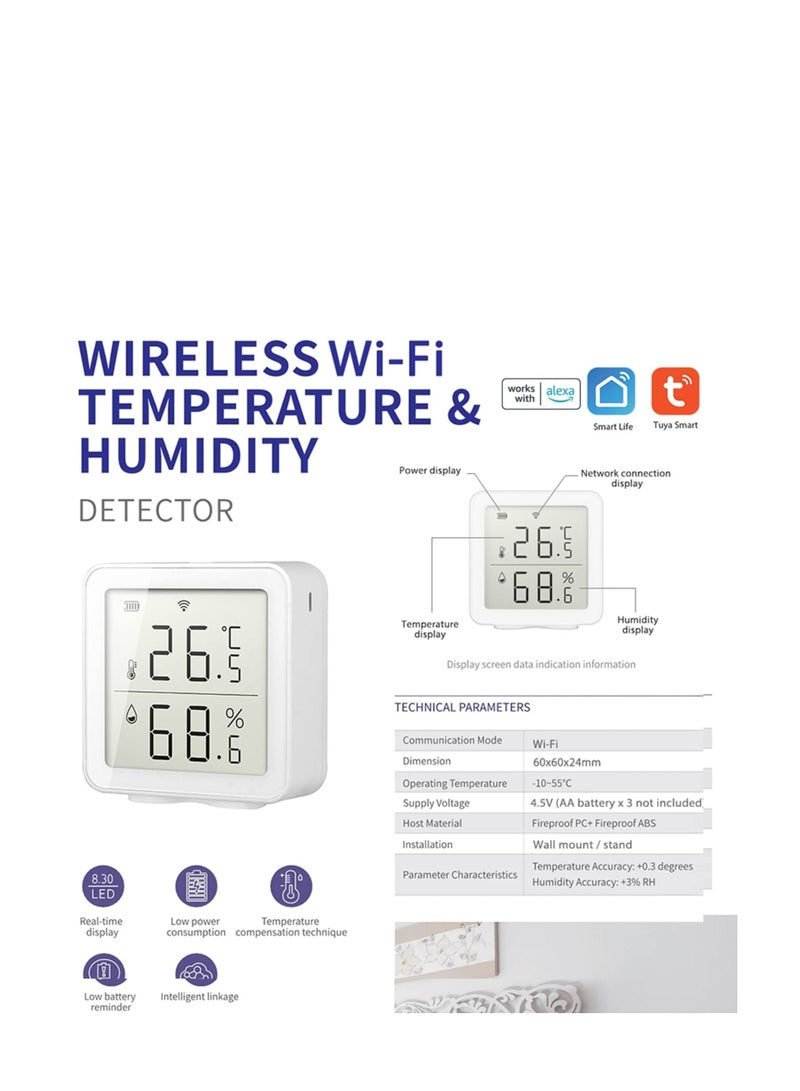 Smart Wifi Temperature Hygrometer, Tuya WIFI Intelligent Home Wireless Temperature Sensor Home Automation Scene System Compatible with Alexa for Baby Room Garage Wine Cellar Servers