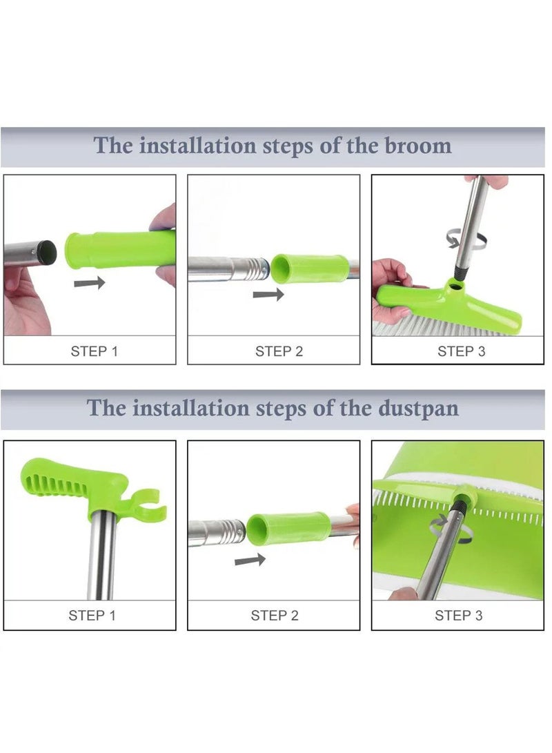 Broom and Dustpan Set with Long Telescoping Handle Combo Set for Office and Home Standing Upright Sweep Use, Green