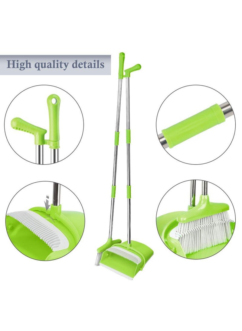 Broom and Dustpan Set with Long Telescoping Handle Combo Set for Office and Home Standing Upright Sweep Use, Green