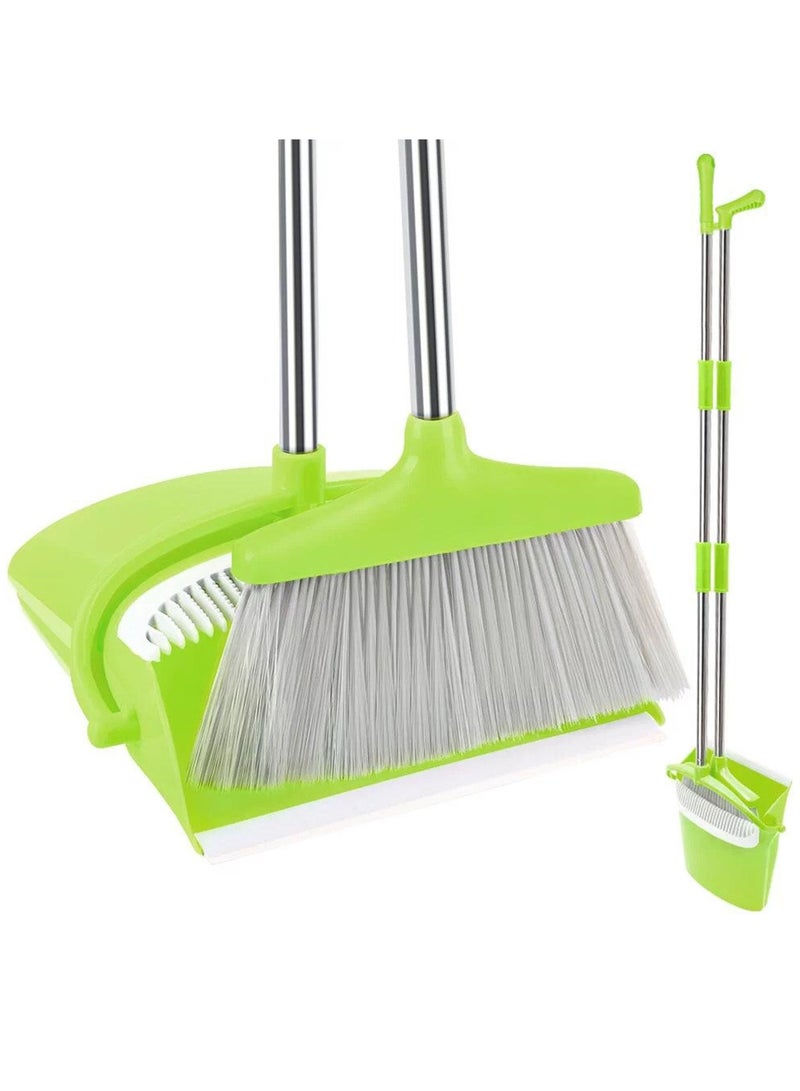 Broom and Dustpan Set with Long Telescoping Handle Combo Set for Office and Home Standing Upright Sweep Use, Green