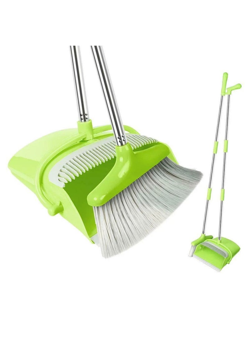 Broom and Dustpan Set with Long Telescoping Handle Combo Set for Office and Home Standing Upright Sweep Use, Green