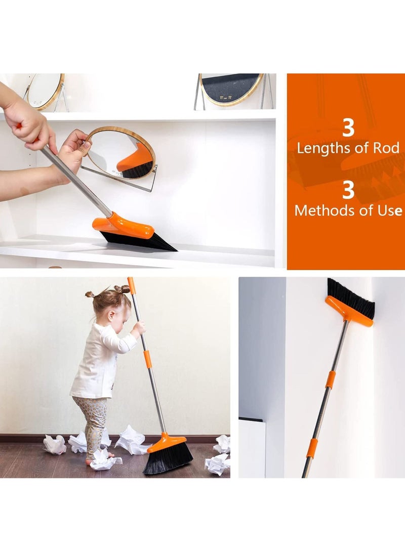 Broom and Dustpan Set with Long Telescoping Handle Combo Set for Office and Home Standing Upright Sweep Use, Orange