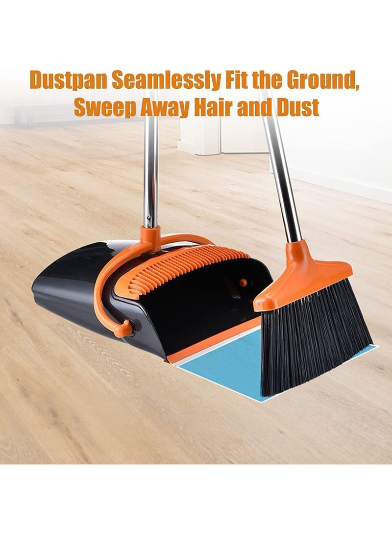 Broom and Dustpan Set with Long Telescoping Handle Combo Set for Office and Home Standing Upright Sweep Use, Orange