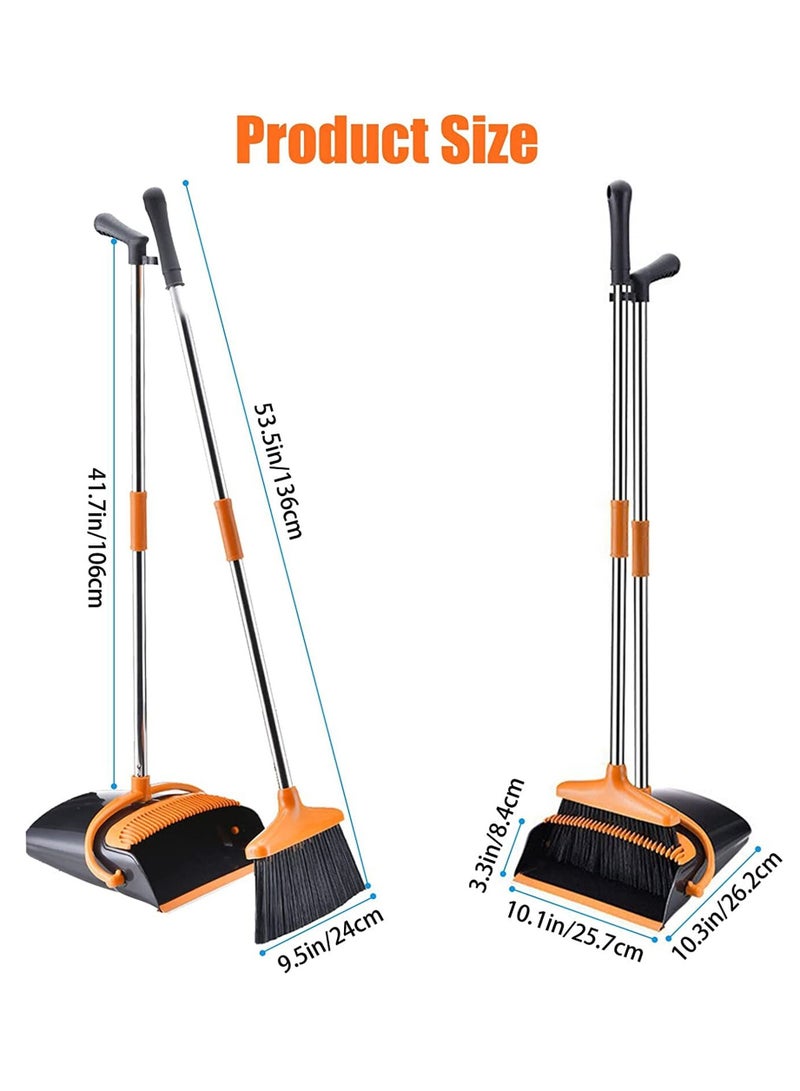 Broom and Dustpan Set with Long Telescoping Handle Combo Set for Office and Home Standing Upright Sweep Use, Orange