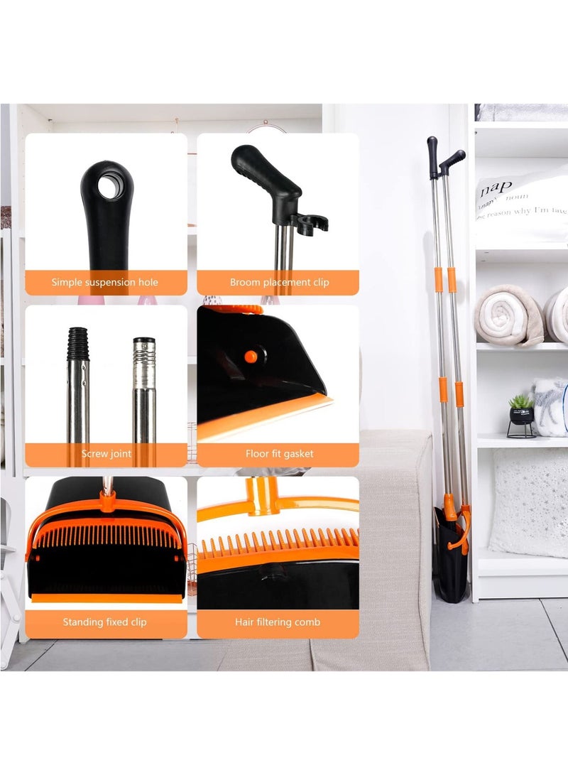 Broom and Dustpan Set with Long Telescoping Handle Combo Set for Office and Home Standing Upright Sweep Use, Orange