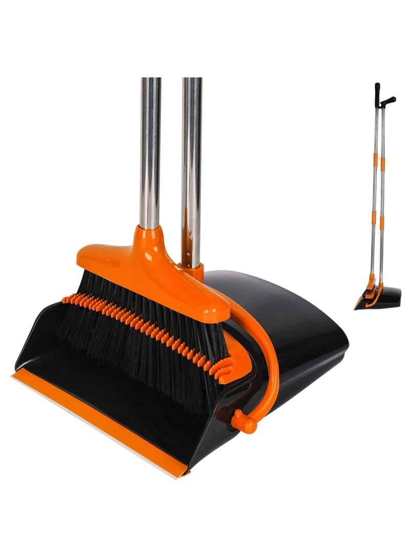 Broom and Dustpan Set with Long Telescoping Handle Combo Set for Office and Home Standing Upright Sweep Use, Orange