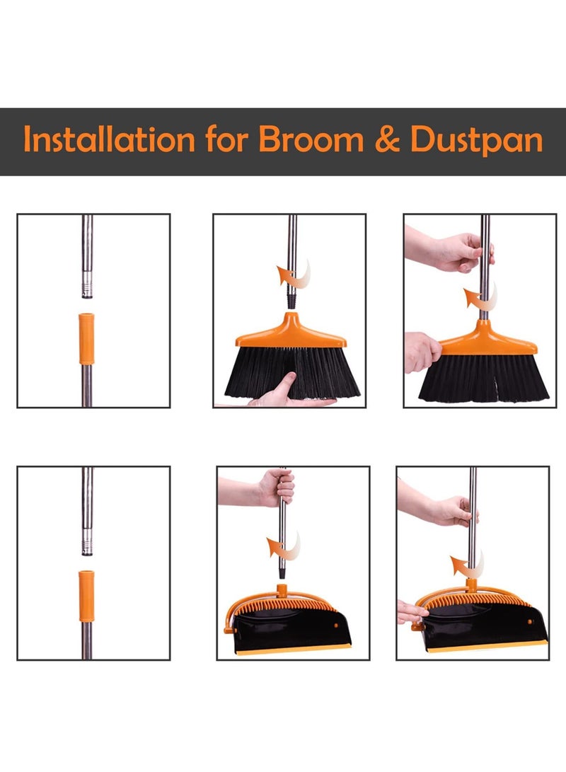 Broom and Dustpan Set with Long Telescoping Handle Combo Set for Office and Home Standing Upright Sweep Use, Orange