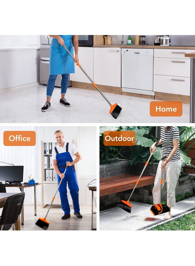 Broom and Dustpan Set with Long Telescoping Handle Combo Set for Office and Home Standing Upright Sweep Use, Orange