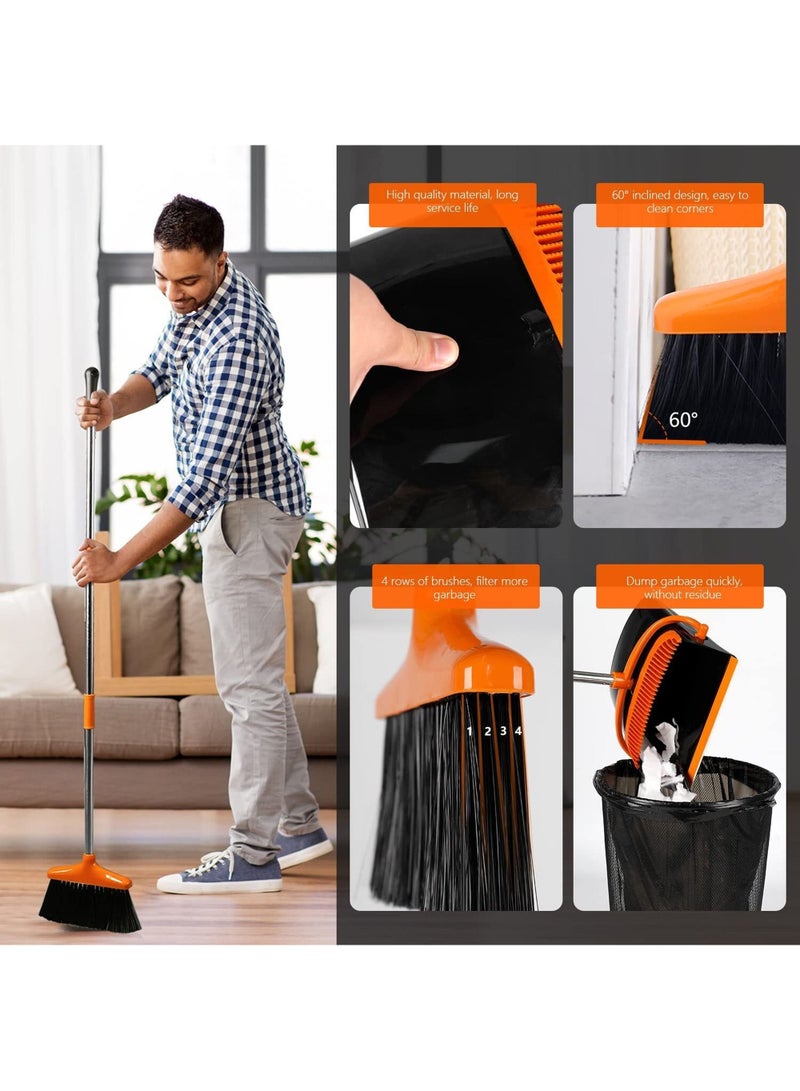 Broom and Dustpan Set with Long Telescoping Handle Combo Set for Office and Home Standing Upright Sweep Use, Orange