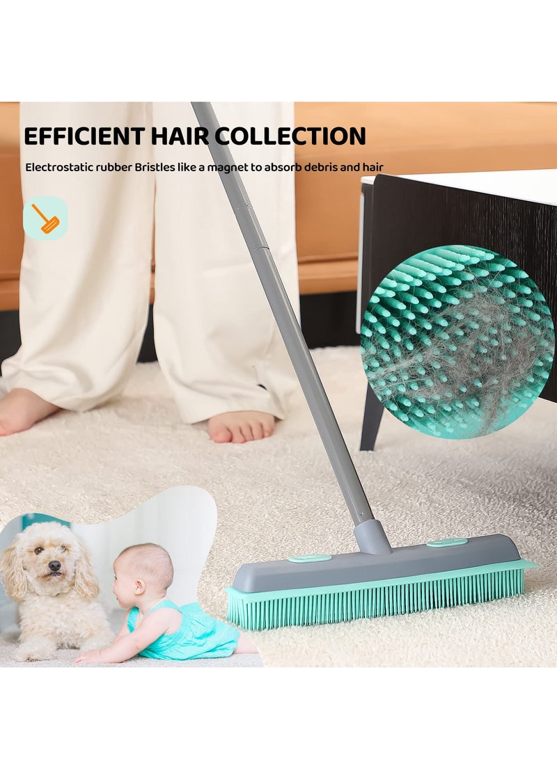 Long Handle Rubber Broom, Rubber Sweeping Brush and Pet Hair Removal Brush Set, Indoor Use for Pet Hair Carpet Floor Sofa Window, Artificial Grass Rake Brush Outdoor for Cleaning