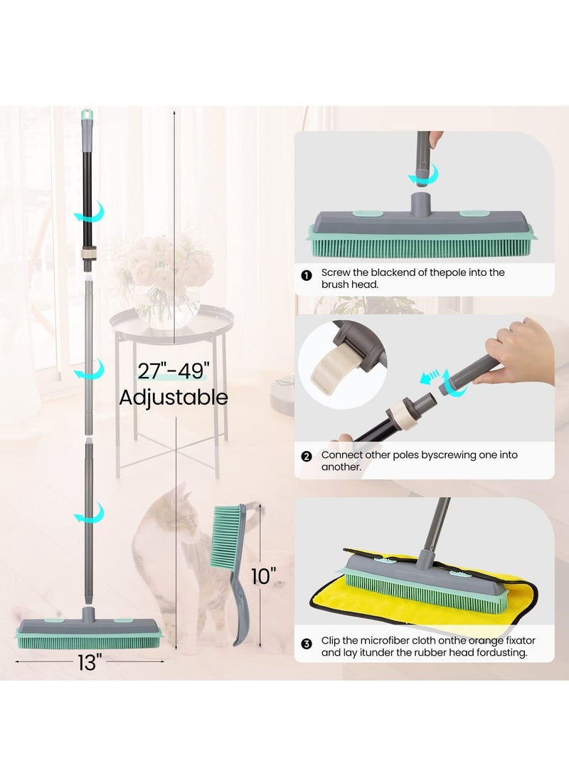 Long Handle Rubber Broom, Rubber Sweeping Brush and Pet Hair Removal Brush Set, Indoor Use for Pet Hair Carpet Floor Sofa Window, Artificial Grass Rake Brush Outdoor for Cleaning