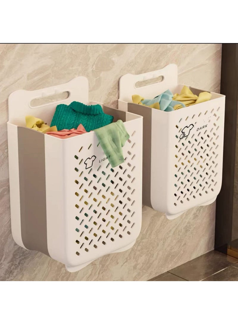 Plastic Collapsible Hanging Laundry Basket with carrying Handle, Space-Saving Wall Hanging Durable Tall Folding Plastic Laundry Hamper Waterproof Dirty Clothes Organizer (Grey Small+Large)