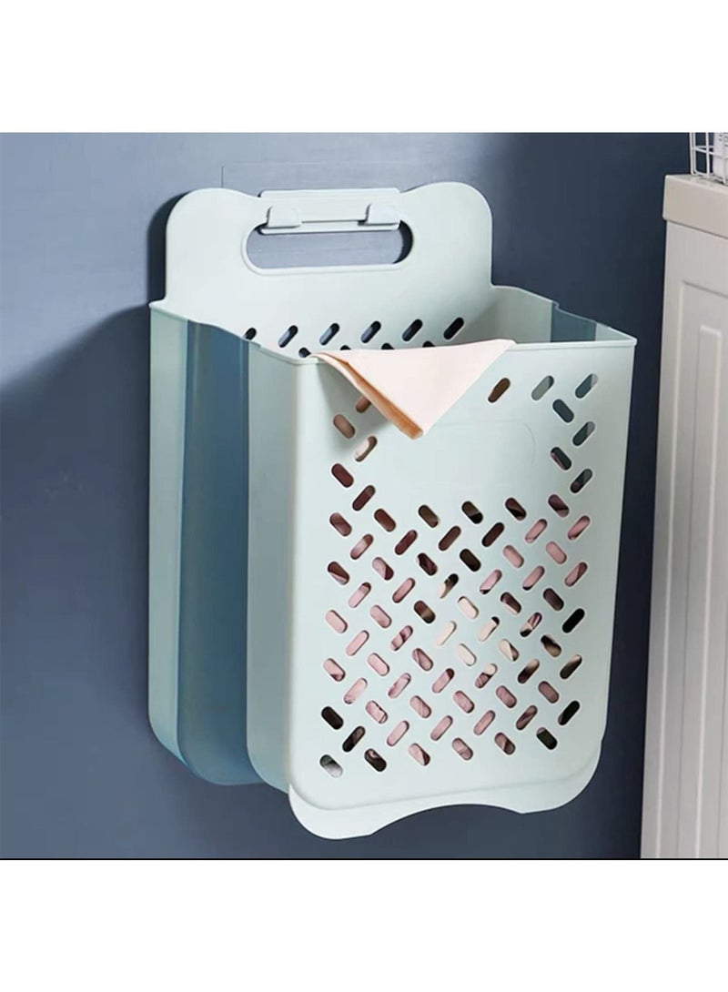 Plastic Collapsible Hanging Laundry Basket with carrying Handle, Space-Saving Wall Hanging Durable Tall Folding Plastic Laundry Hamper Waterproof Dirty Clothes Organizer (Blue Large)