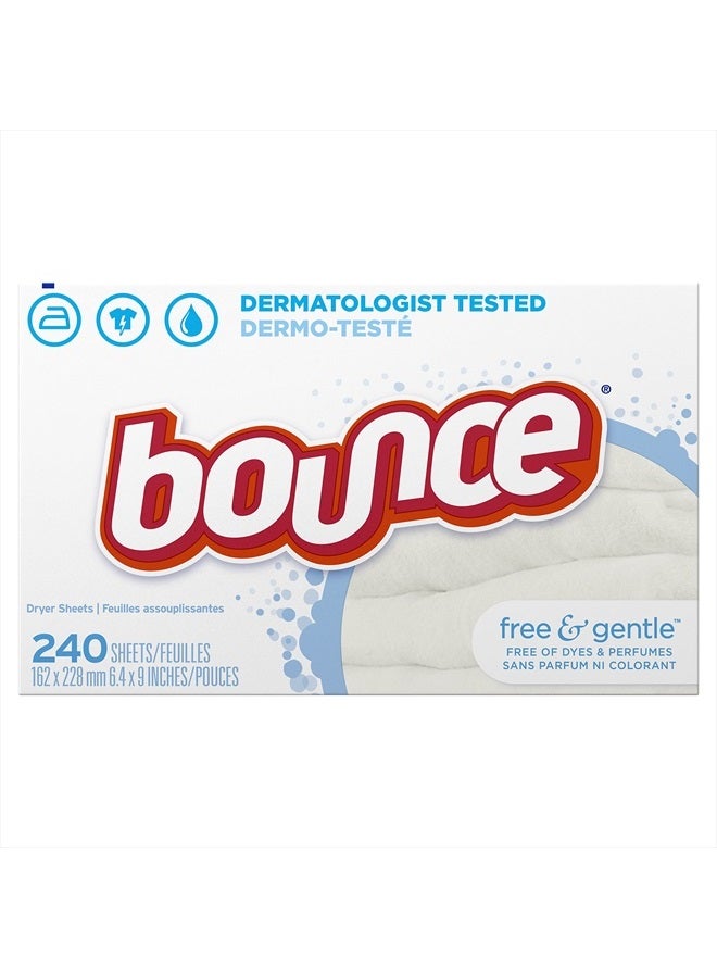 Free & Gentle Dryer Sheets, 240 Sheets, Unscented Fabric Softener Sheets, Hypoallergenic and Dermatologist Tested