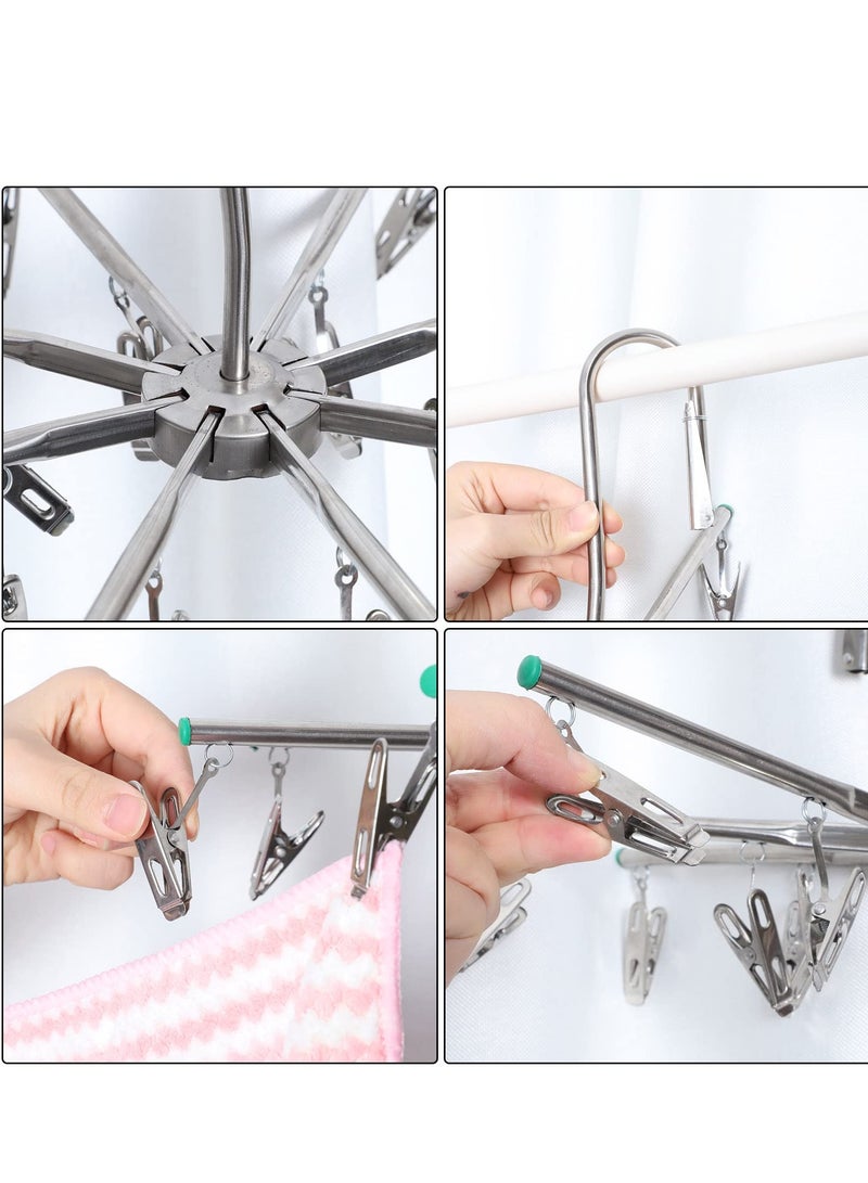 Stainless Steel Sock Dryer with 16 Pegs and Swivel Hook - Rustproof Clothes Drying Hanger for Underwear, Socks, Bras, Baby Clothes, and Gloves - Windproof Design