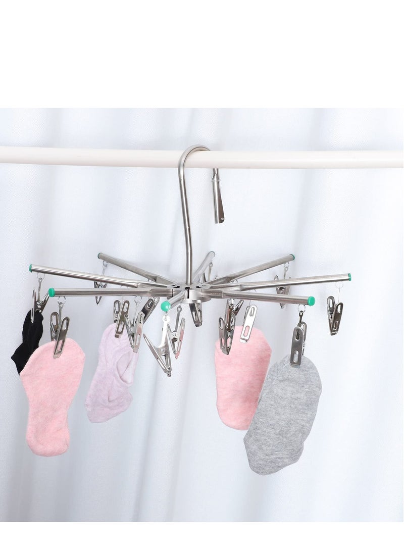 Stainless Steel Sock Dryer with 16 Pegs and Swivel Hook - Rustproof Clothes Drying Hanger for Underwear, Socks, Bras, Baby Clothes, and Gloves - Windproof Design