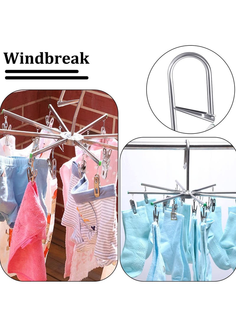 Stainless Steel Sock Dryer with 16 Pegs and Swivel Hook - Rustproof Clothes Drying Hanger for Underwear, Socks, Bras, Baby Clothes, and Gloves - Windproof Design