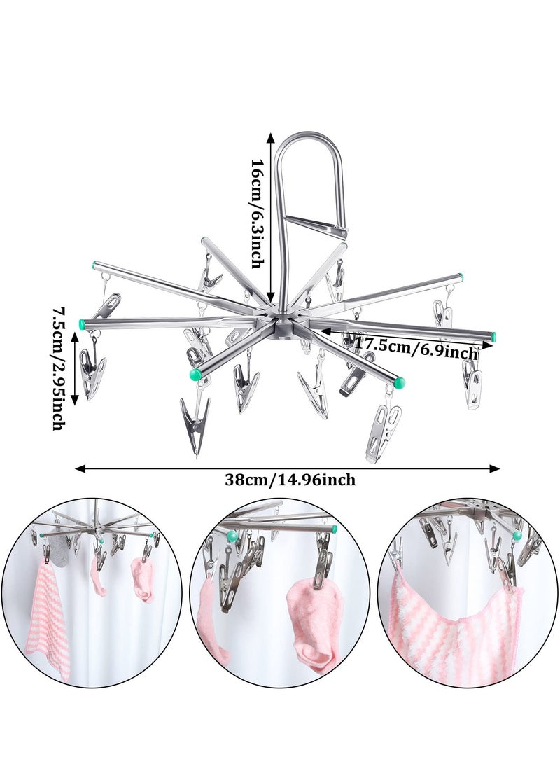 Stainless Steel Sock Dryer with 16 Pegs and Swivel Hook - Rustproof Clothes Drying Hanger for Underwear, Socks, Bras, Baby Clothes, and Gloves - Windproof Design