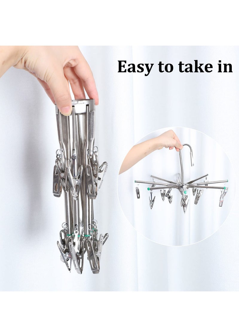 Stainless Steel Sock Dryer with 16 Pegs and Swivel Hook - Rustproof Clothes Drying Hanger for Underwear, Socks, Bras, Baby Clothes, and Gloves - Windproof Design