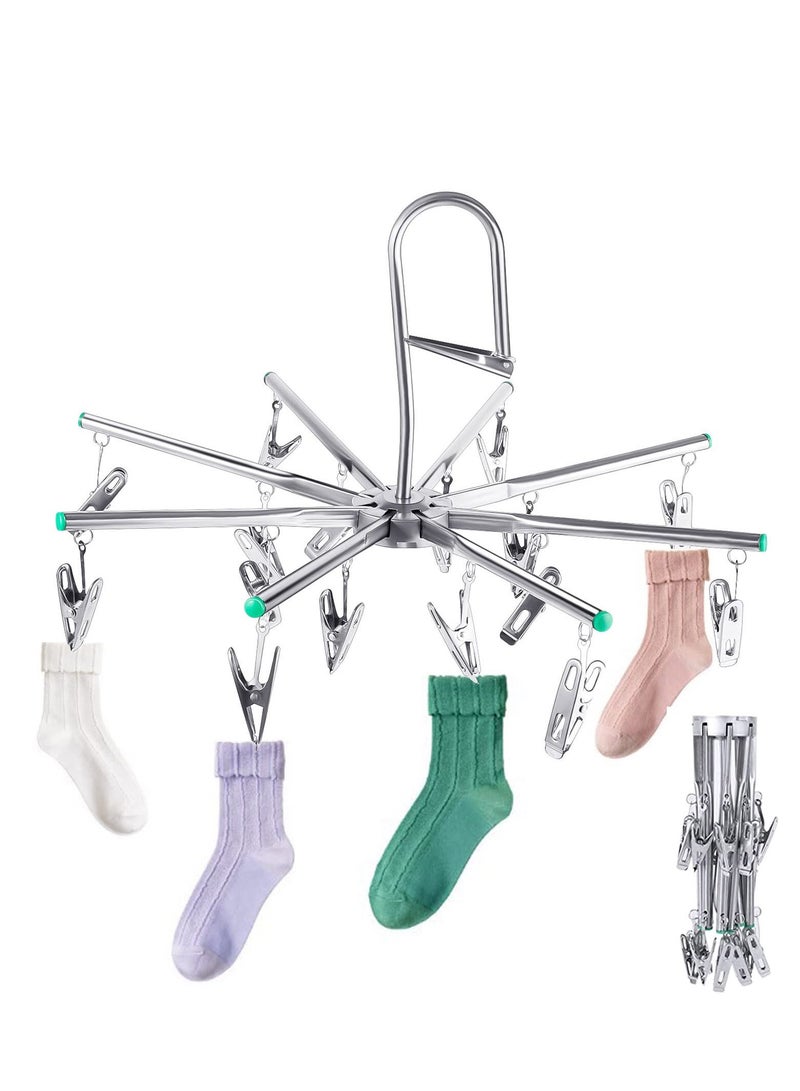 Stainless Steel Sock Dryer with 16 Pegs and Swivel Hook - Rustproof Clothes Drying Hanger for Underwear, Socks, Bras, Baby Clothes, and Gloves - Windproof Design