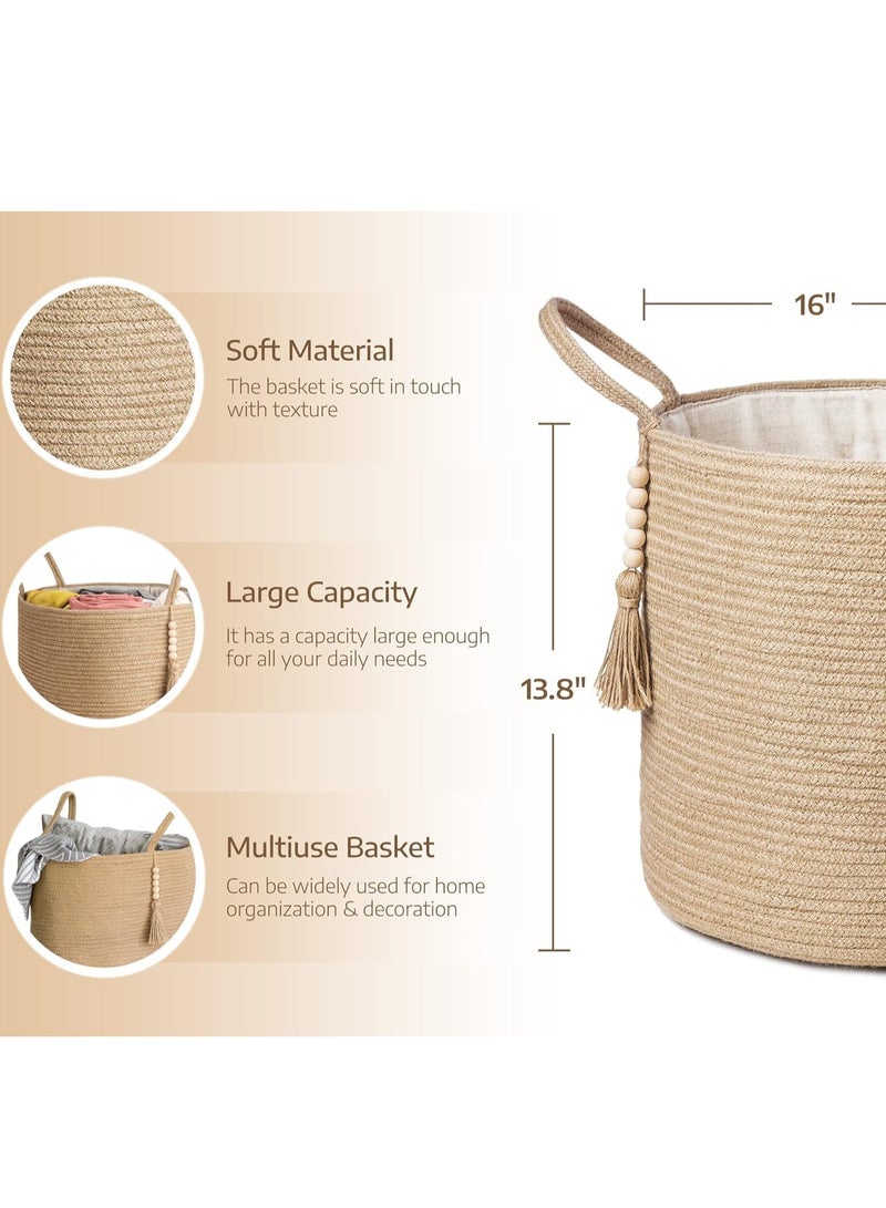 Stylish Woven Storage Basket with Handles - Perfect for Blankets, Toys, Clothes & Plants - 16