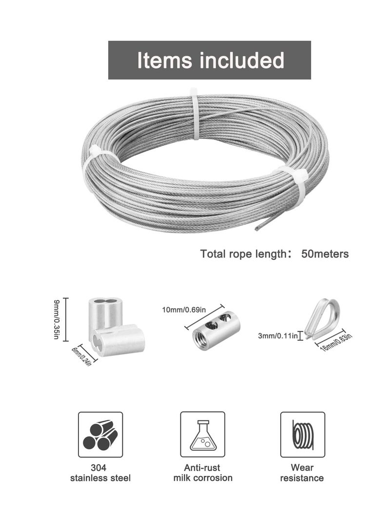 Wire Cable Railing Kit 164ft Stainless Steel Rope Coated Garden for Support System Clotheslines Hanging Lights with Thimbles Crimping Sleeves Clips Screwdrivers