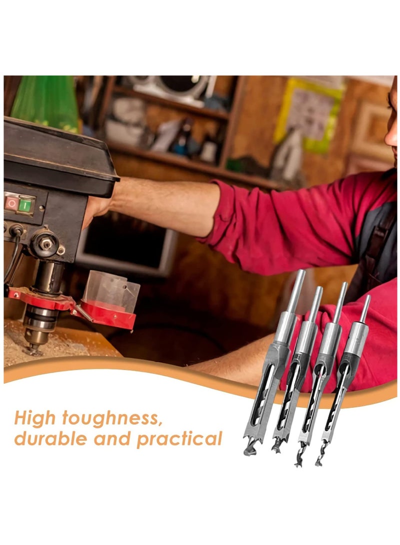 4 PCS Square Hole Drill Bits for Woodworking, Mortising Chisel Set (Sizes: 6.4mm, 8mm, 9.5mm, 12.7mm) - Ideal for Precise Wood Drilling and Joinery Projects.