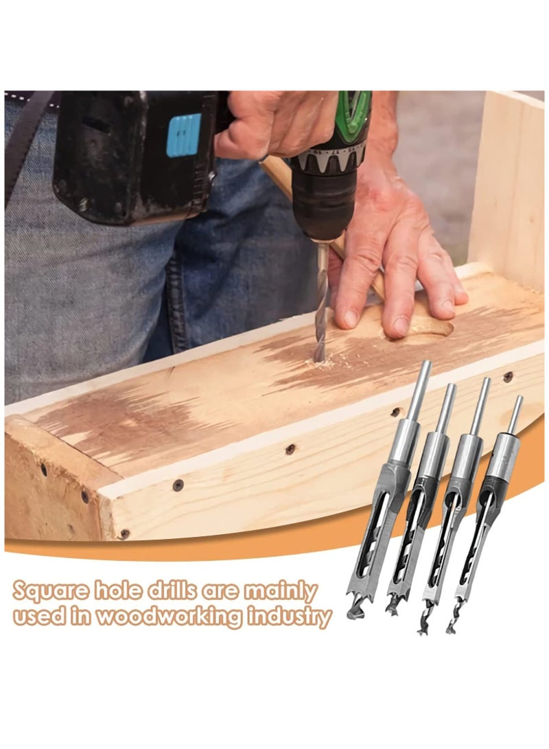 4 PCS Square Hole Drill Bits for Woodworking, Mortising Chisel Set (Sizes: 6.4mm, 8mm, 9.5mm, 12.7mm) - Ideal for Precise Wood Drilling and Joinery Projects.