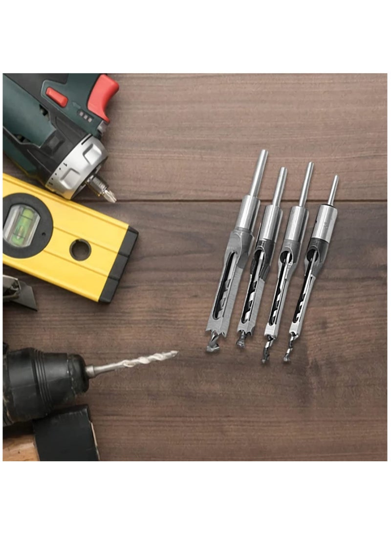 4 PCS Square Hole Drill Bits for Woodworking, Mortising Chisel Set (Sizes: 6.4mm, 8mm, 9.5mm, 12.7mm) - Ideal for Precise Wood Drilling and Joinery Projects.