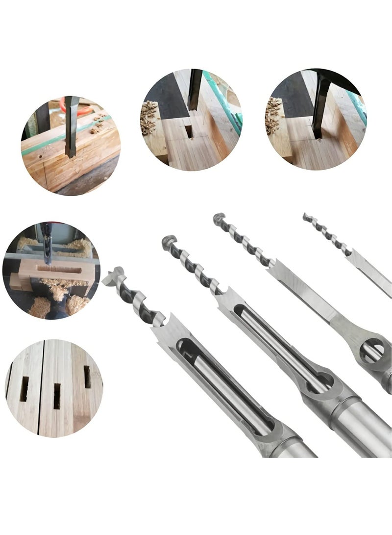 4 PCS Square Hole Drill Bits for Woodworking, Mortising Chisel Set (Sizes: 6.4mm, 8mm, 9.5mm, 12.7mm) - Ideal for Precise Wood Drilling and Joinery Projects.