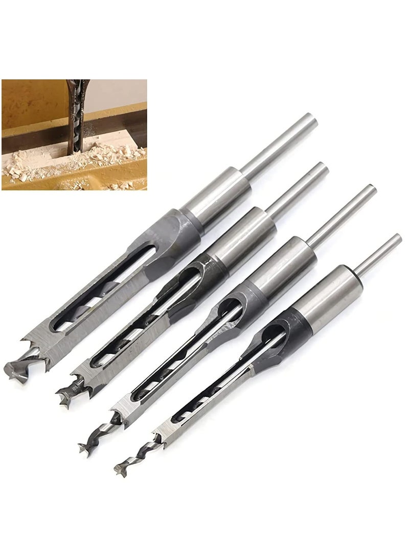 4 PCS Square Hole Drill Bits for Woodworking, Mortising Chisel Set (Sizes: 6.4mm, 8mm, 9.5mm, 12.7mm) - Ideal for Precise Wood Drilling and Joinery Projects.