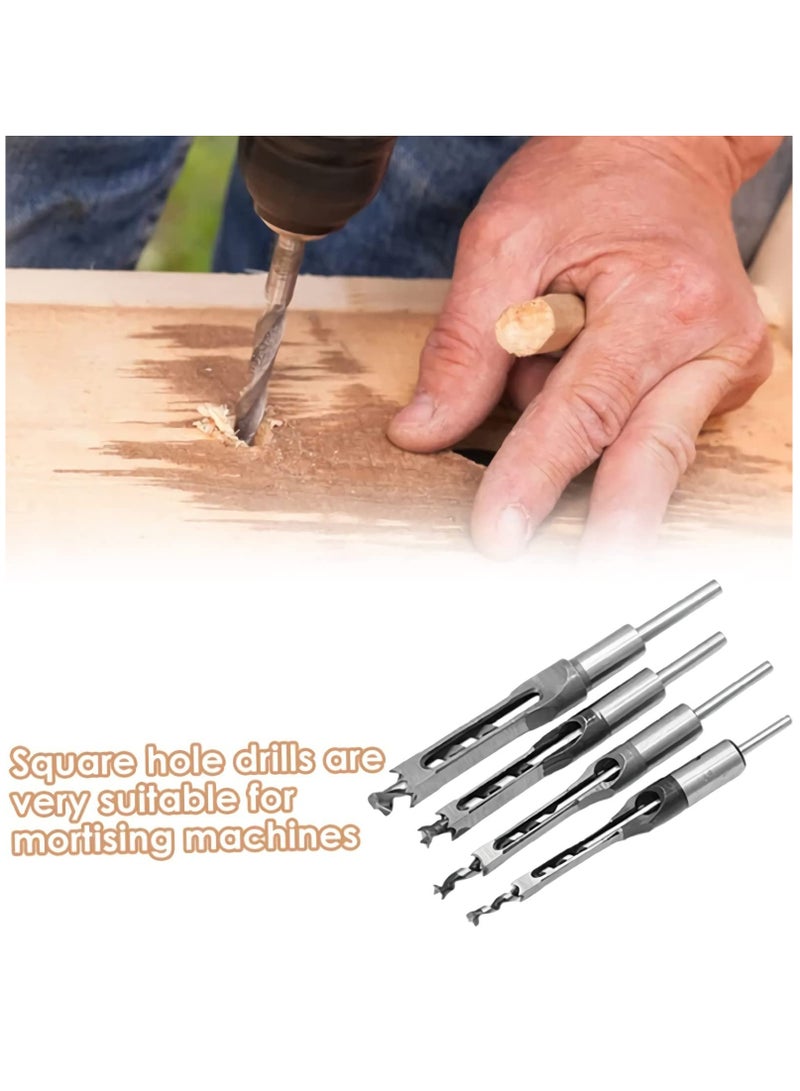 4 PCS Square Hole Drill Bits for Woodworking, Mortising Chisel Set (Sizes: 6.4mm, 8mm, 9.5mm, 12.7mm) - Ideal for Precise Wood Drilling and Joinery Projects.