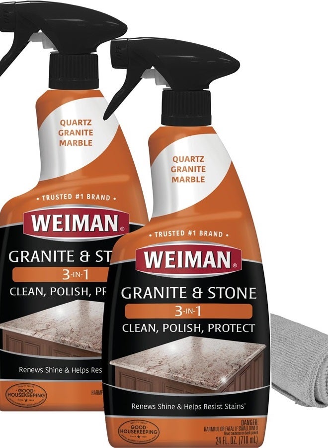 Granite Cleaner Polish and Protect 3 in 1-2 Pack - Streak-Free, pH Neutral Formula for Daily Use on Interior & Exterior Natural Stone with Microfiber Towel