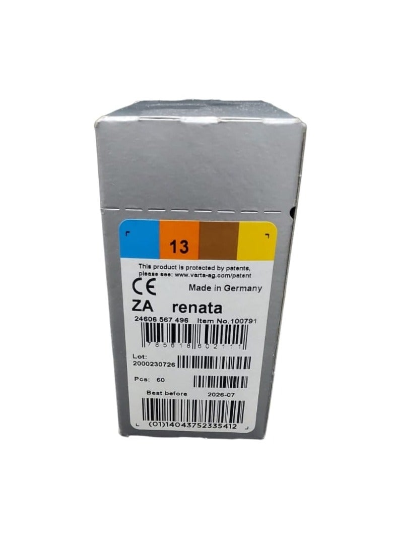 60-Pieces Renata (Size 13) Hearing Aid 1.45V Zinc-Air 0% Mercury Batteries