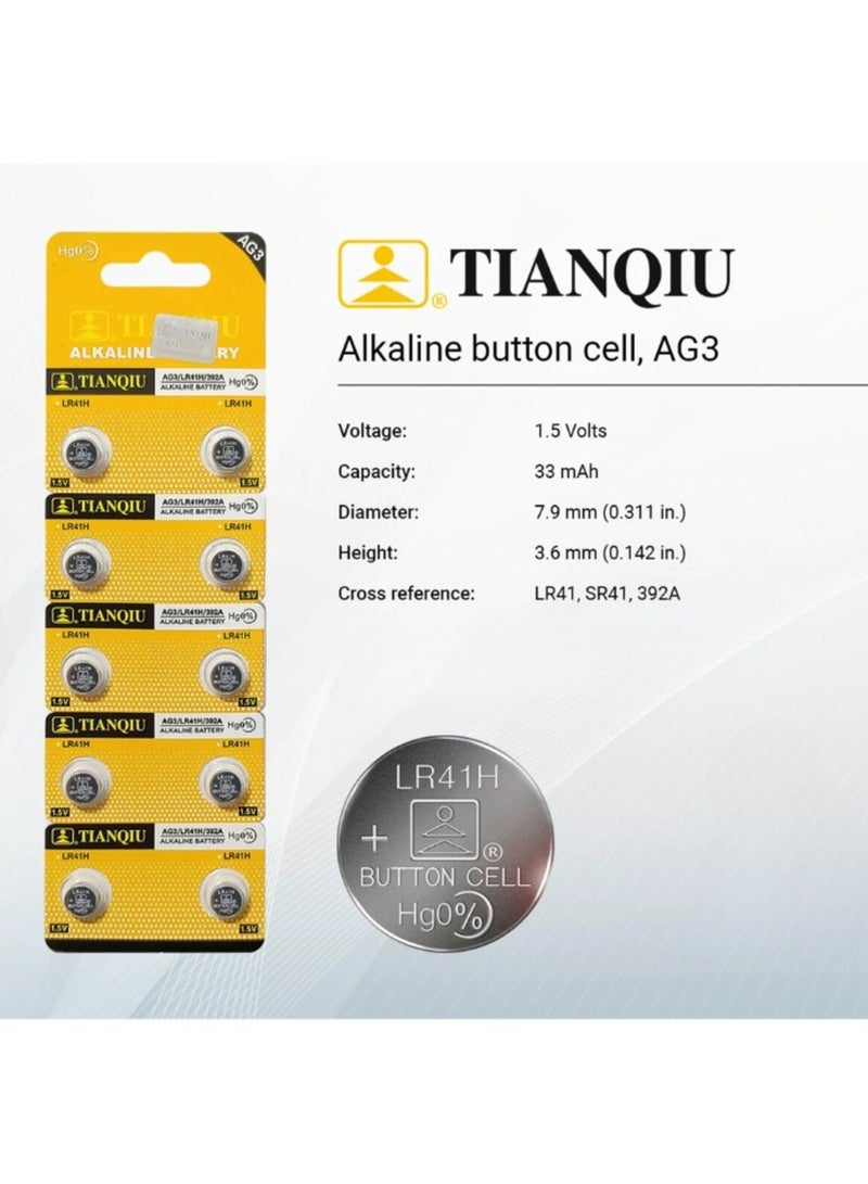 50-Pieces Tianqiu AG3/ LR41H/ 392A 1.5V Alkaline Batteries