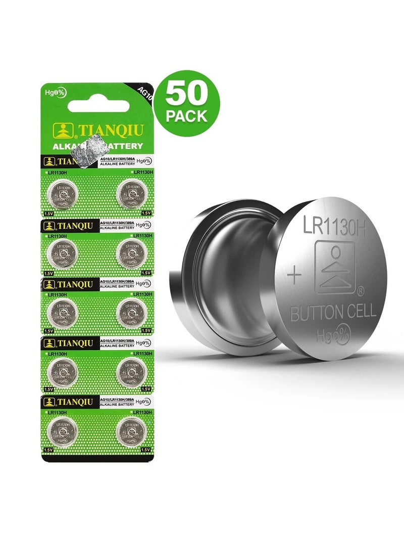 50-Pieces Tianqiu AG10/ LR1130H/ 389A 1.5V Alkaline Batteries