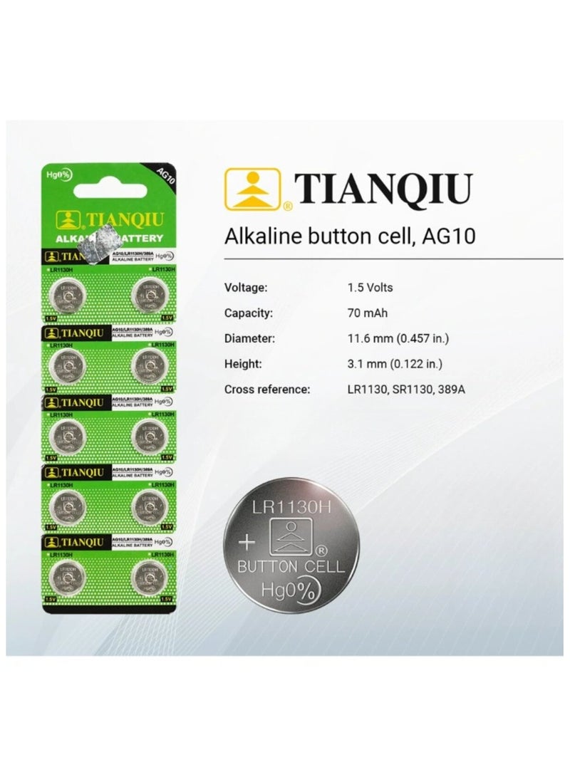 50-Pieces Tianqiu AG10/ LR1130H/ 389A 1.5V Alkaline Batteries