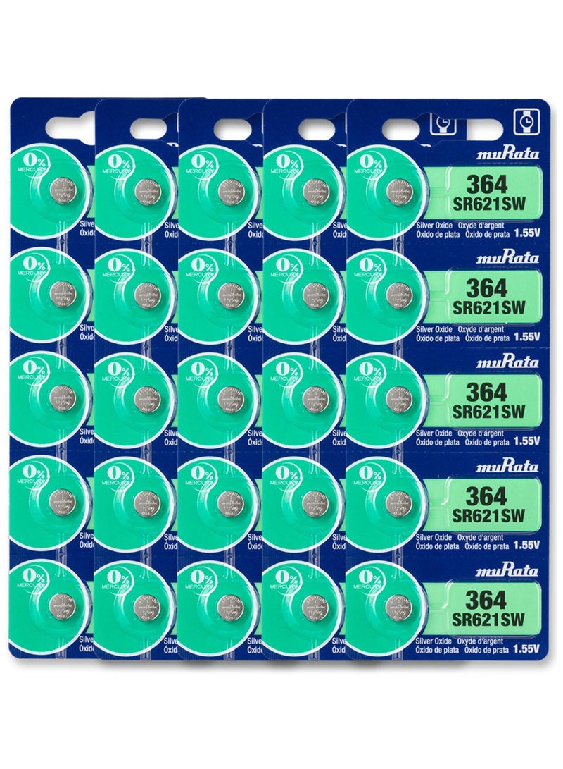 25-Pieces Murata SR621SW / 364 Silver Oxide 1.55V (muRata) Japan Batteries