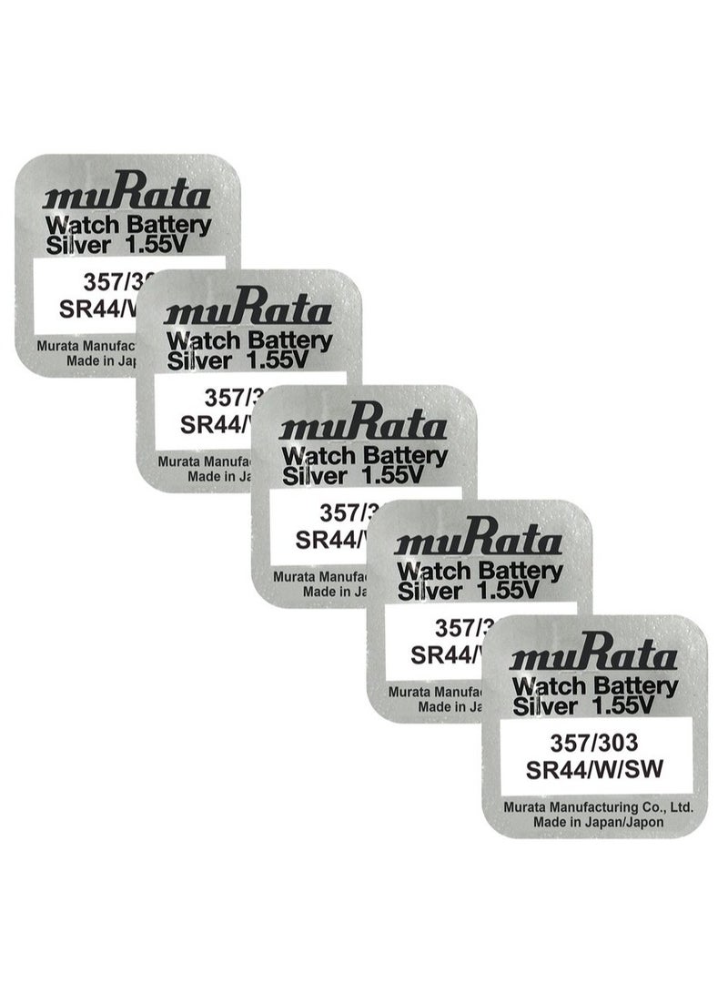 5-Pieces Murata 357/303 SR44/W/SW Silver Oxide 1.55V Watch Batteries