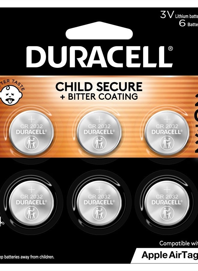 Duracell 2032 Lithium Battery. 6 Count Pack. Child Safety Features. Compatible with Apple AirTag, Key Fob, and other devices. CR2032 Battery Lithium Coin Battery. CR Lithium 3V Cell