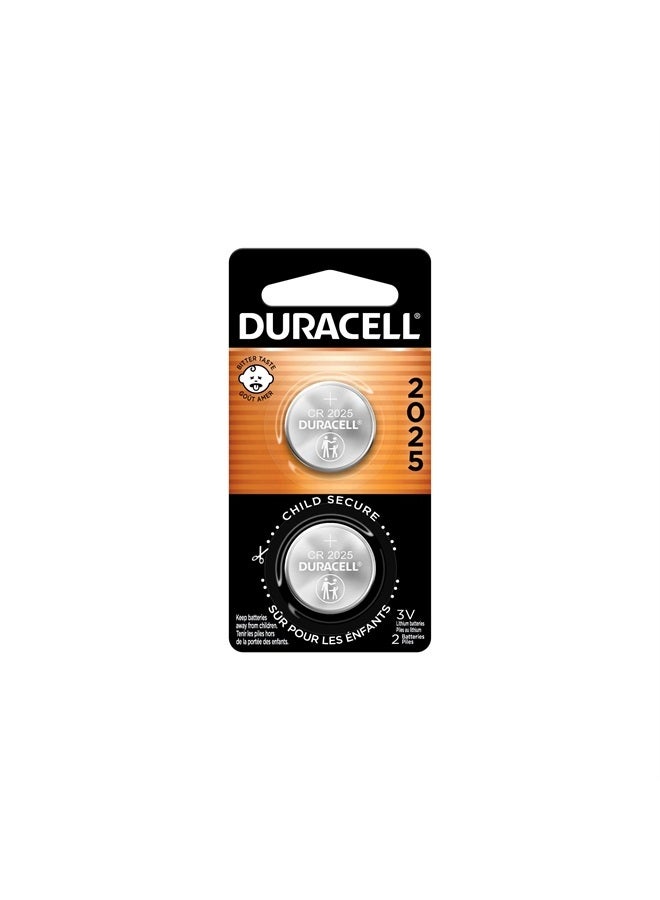 Duracell CR2025 3V Lithium Battery, Child Safety Features, 2 Count Pack, Lithium Coin Battery for Key Fob, Car Remote, Glucose Monitor, CR Lithium 3 Volt Cell