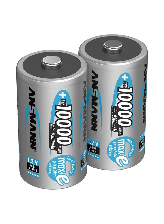 Battery D 10000 Mah Nimh 1.2 V (2 Pieces) - Mono D Batteries Rechargeable, High Capacity And Maxe Low Self-Discharge For High Power Requirements And Years Of Use, Silver/Black, 5030642