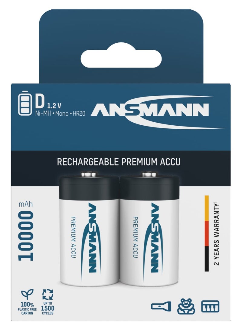 Battery D 10000 Mah Nimh 1.2 V (2 Pieces) - Mono D Batteries Rechargeable, High Capacity And Maxe Low Self-Discharge For High Power Requirements And Years Of Use, Silver/Black, 5030642