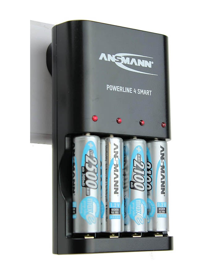 Powerline 4 Smart AA And AAA Battery Charger For Nimh Nicd Rechargeable Batteries With Uk Plug And Multi Led Colour Display - Fast Individual Charging And Monitoring - 3 Yr Warranty