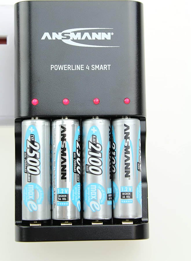 Powerline 4 Smart AA And AAA Battery Charger For Nimh Nicd Rechargeable Batteries With Uk Plug And Multi Led Colour Display - Fast Individual Charging And Monitoring - 3 Yr Warranty