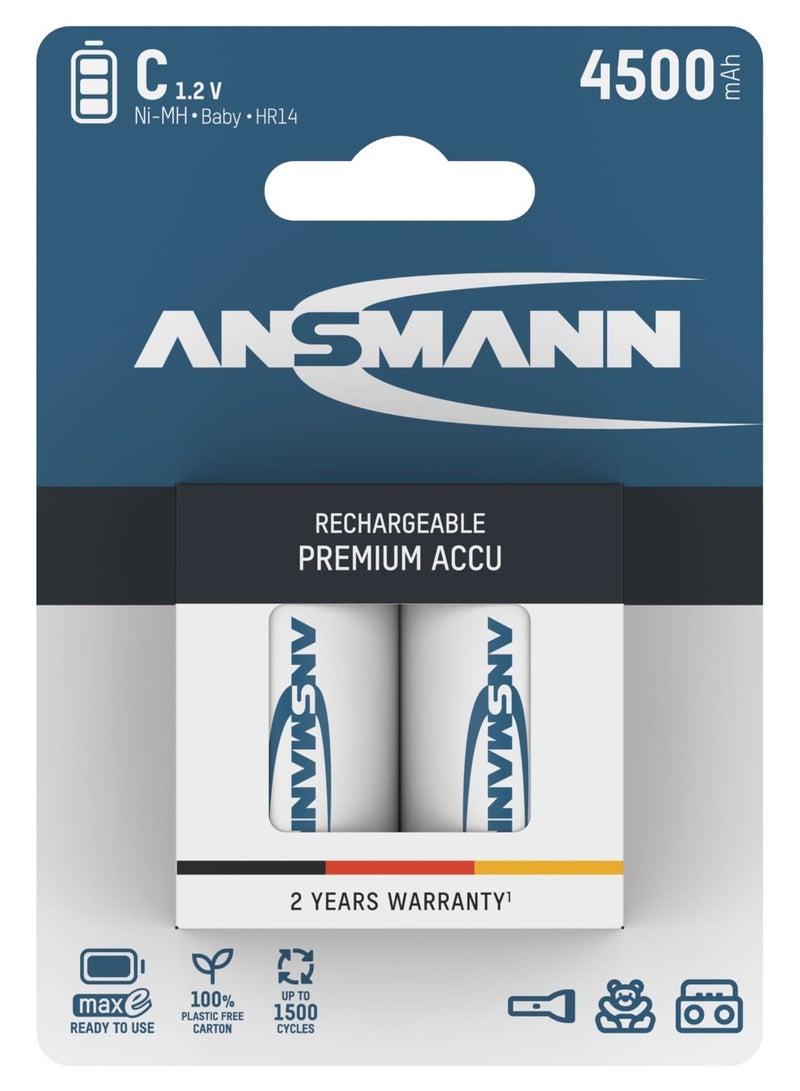 Battery C 4500 Mah Nimh 1.2 V (2 Pieces) - Baby C Batteries Rechargeable, High Capacity And Maxe Low Self-Discharge For High Power Requirements And Years Of Use