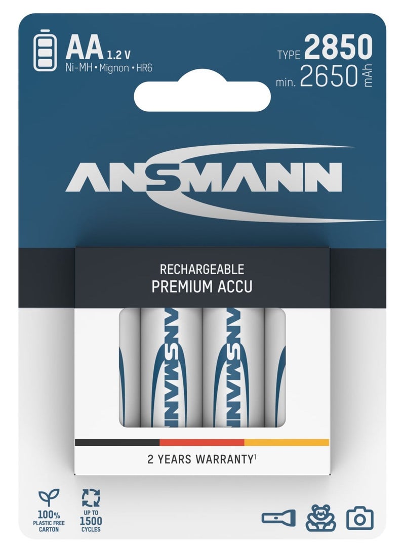 Battery AA Type 2850Mah Nimh 1.2V - Mignon AA Batteries Rechargeable, With High Capacity Ideal For High Power Requirements Such As Controllers, Photo Flash, Flashlight (4 Pieces) Charging Cycles< 1000