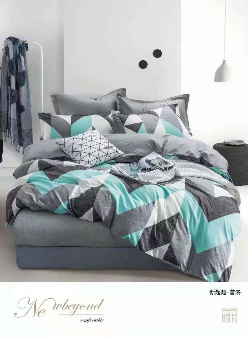 6-Piece Printed Combination King Size Duvet Cover Set  Includes 1xFitted Bedsheet 200x200+30cm, 1xDuvet Cover 220x240 cm, 2xPillowcase 55x80cm, 2xCushion Case 45x70cm Cotton