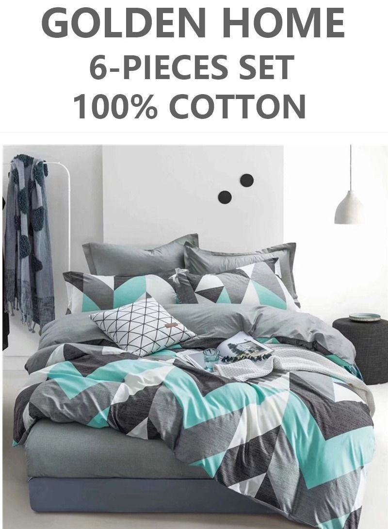 6-Piece Printed Combination King Size Duvet Cover Set  Includes 1xFitted Bedsheet 200x200+30cm, 1xDuvet Cover 220x240 cm, 2xPillowcase 55x80cm, 2xCushion Case 75x50cm Cotton