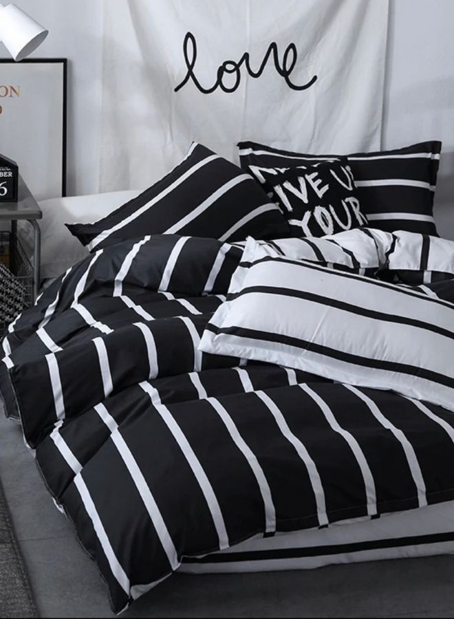 4 Piece Striped Single Size Duvet Cover Set. Black and White Reversible Bedding Set.